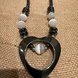 Elegant Hematite and White Cats Eye Necklace